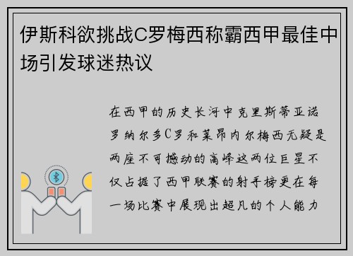 伊斯科欲挑战C罗梅西称霸西甲最佳中场引发球迷热议